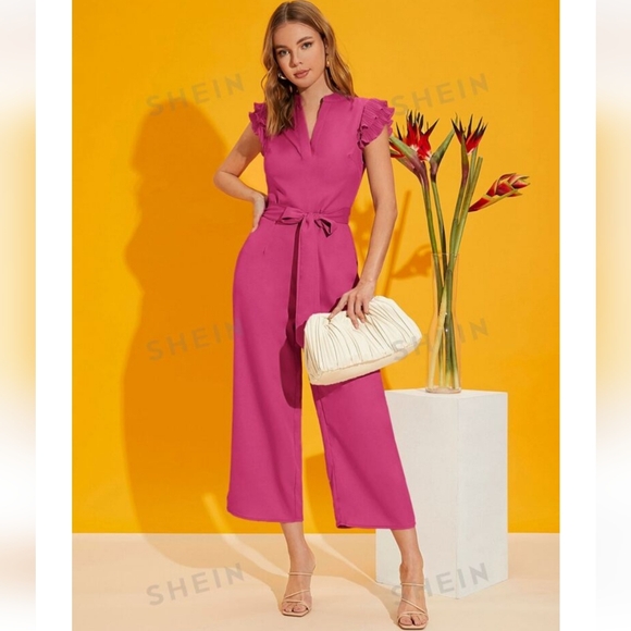 Shein Prive Layered Pleated Sleeve Belted Jumpsuit. Size XL. Color: Pink - Picture 2 of 16